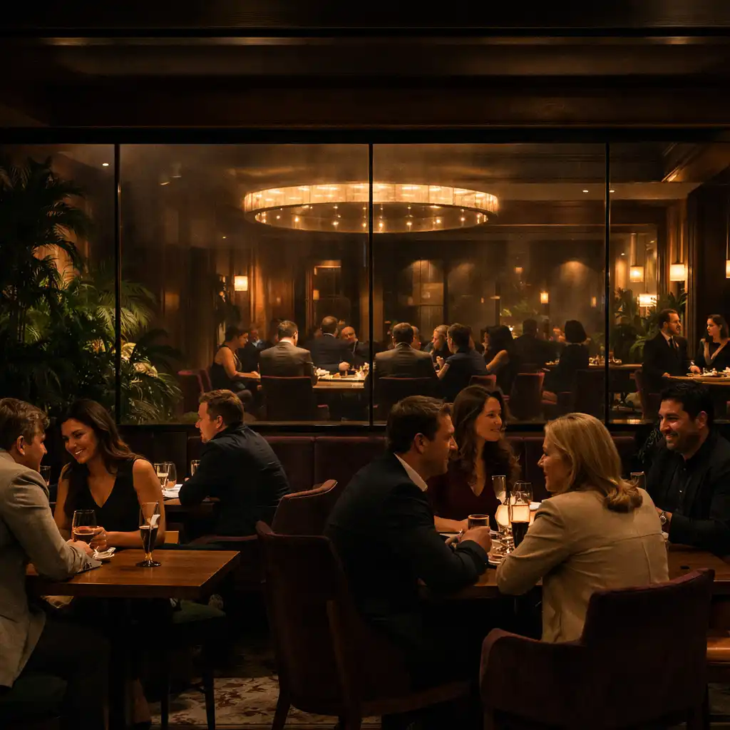 Hosté u restaurančního stolu a baru v interiéru Tresqilonu s výhledem do Casino Lounge