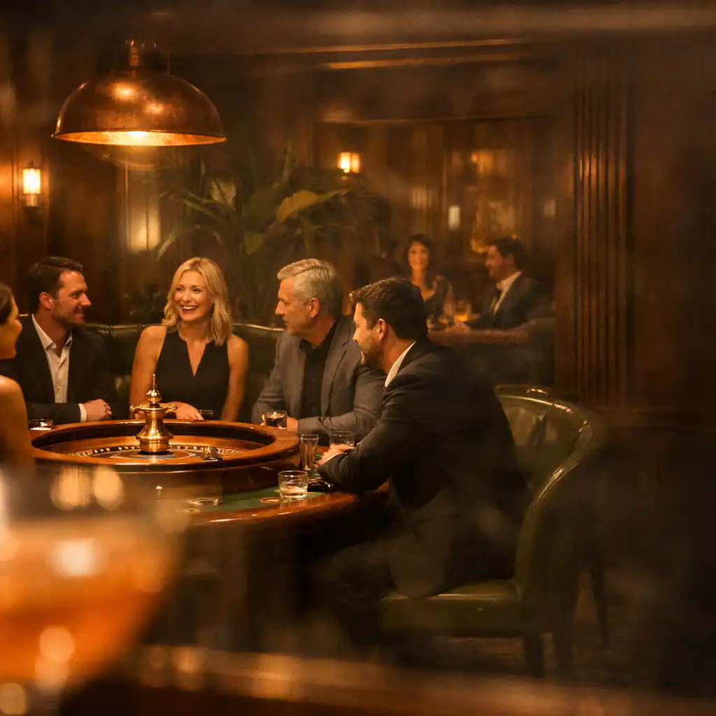 Pohled přes kouřové sklo do Casino Lounge s hosty kolem fyzického ruletového stolu