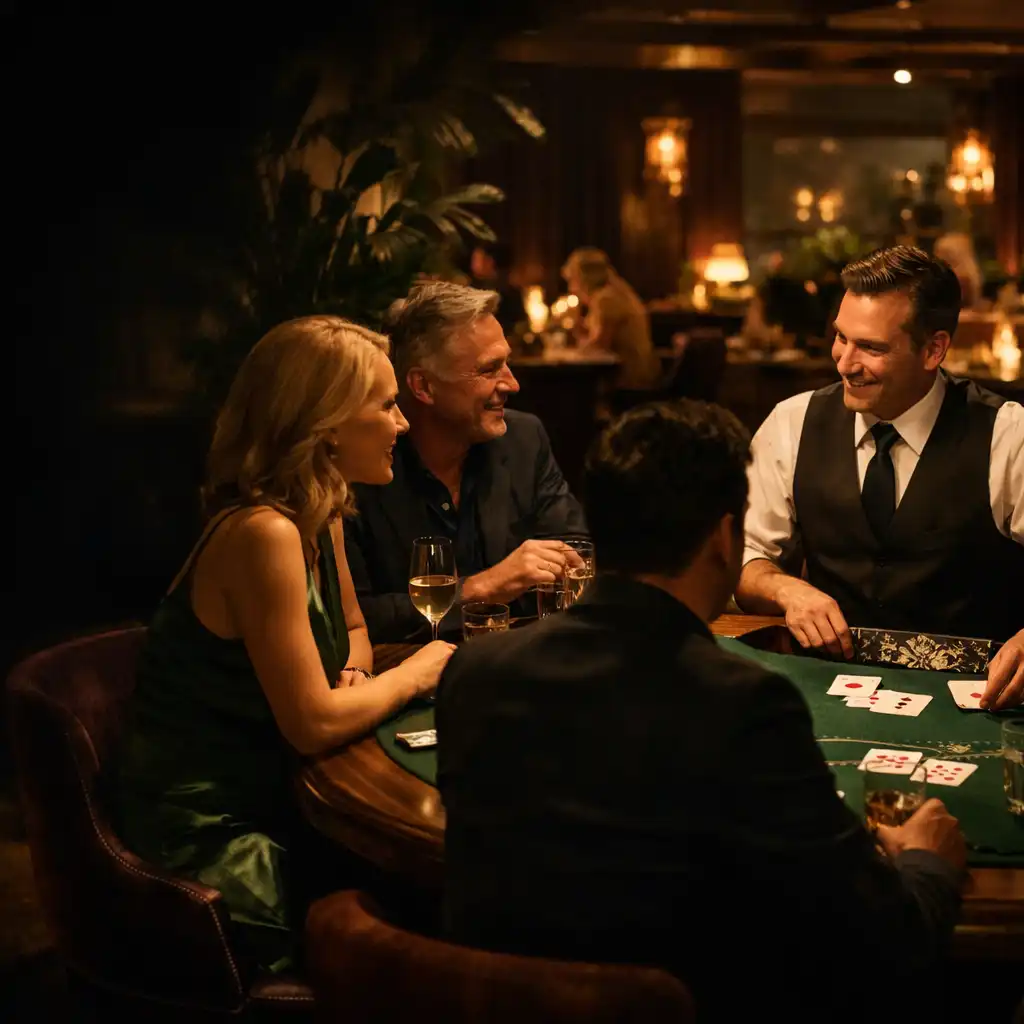 Blackjackový stůl s hosty v botanickém interiéru Casino Lounge Tresqilon v Praze