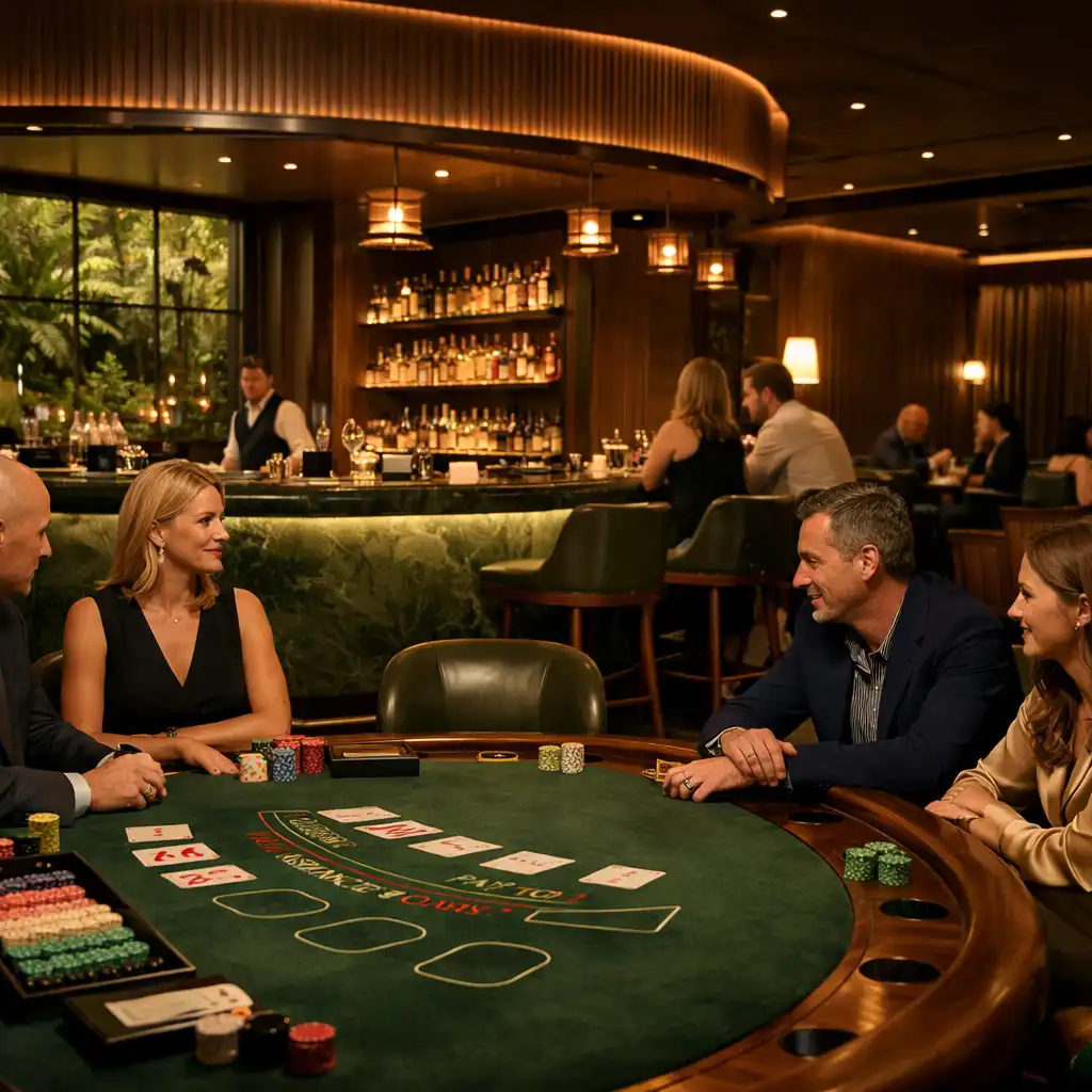 Široký interiér Casino Lounge Tresqilon s blackjackovým stolem, hosty a teplým barovým světlem