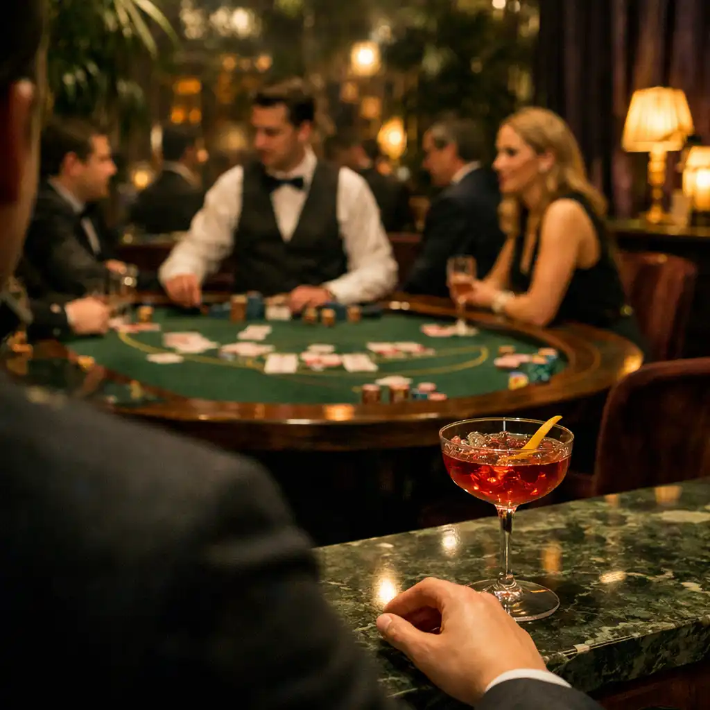 Hosté a dealer u fyzického blackjackového stolu v intimním salonu Tresqilon