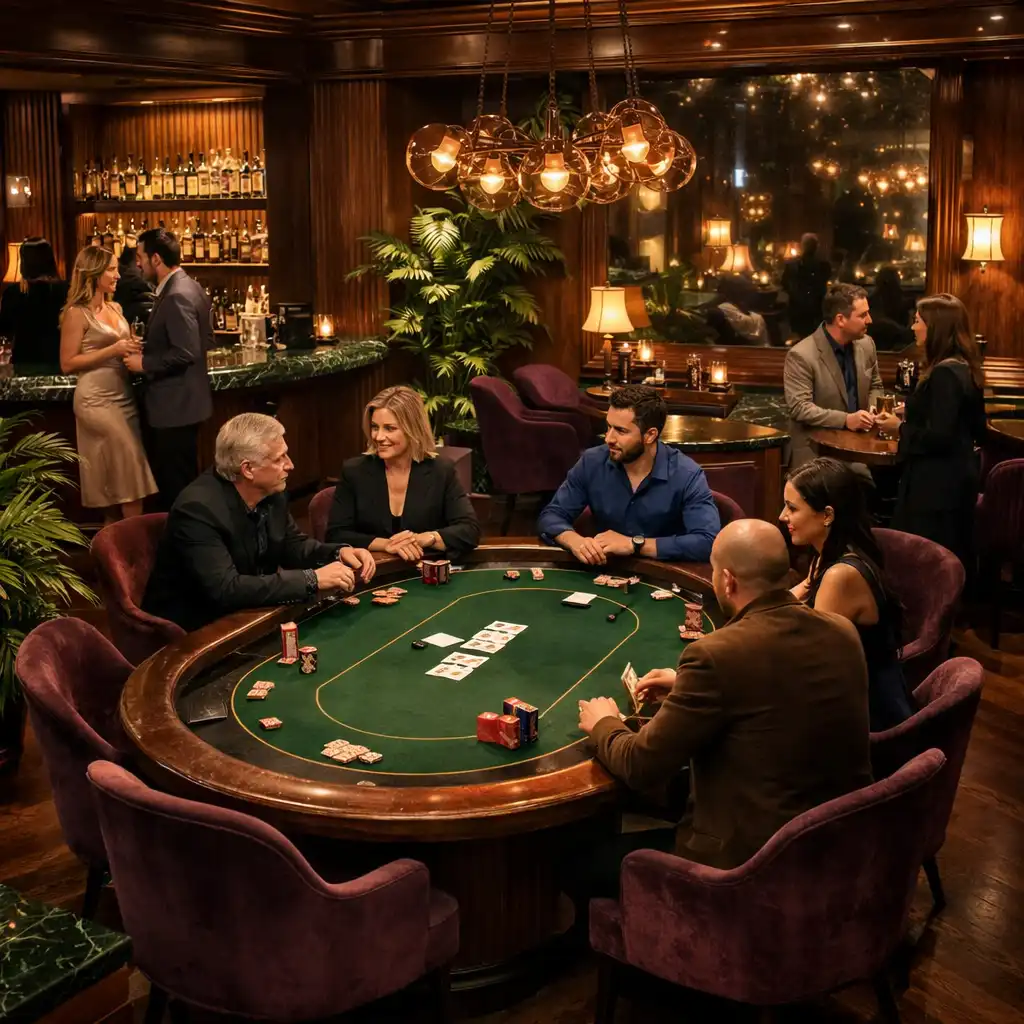 Botanický interiér Casino Lounge s fyzickým pokerovým stolem a hosty v rozhovoru
