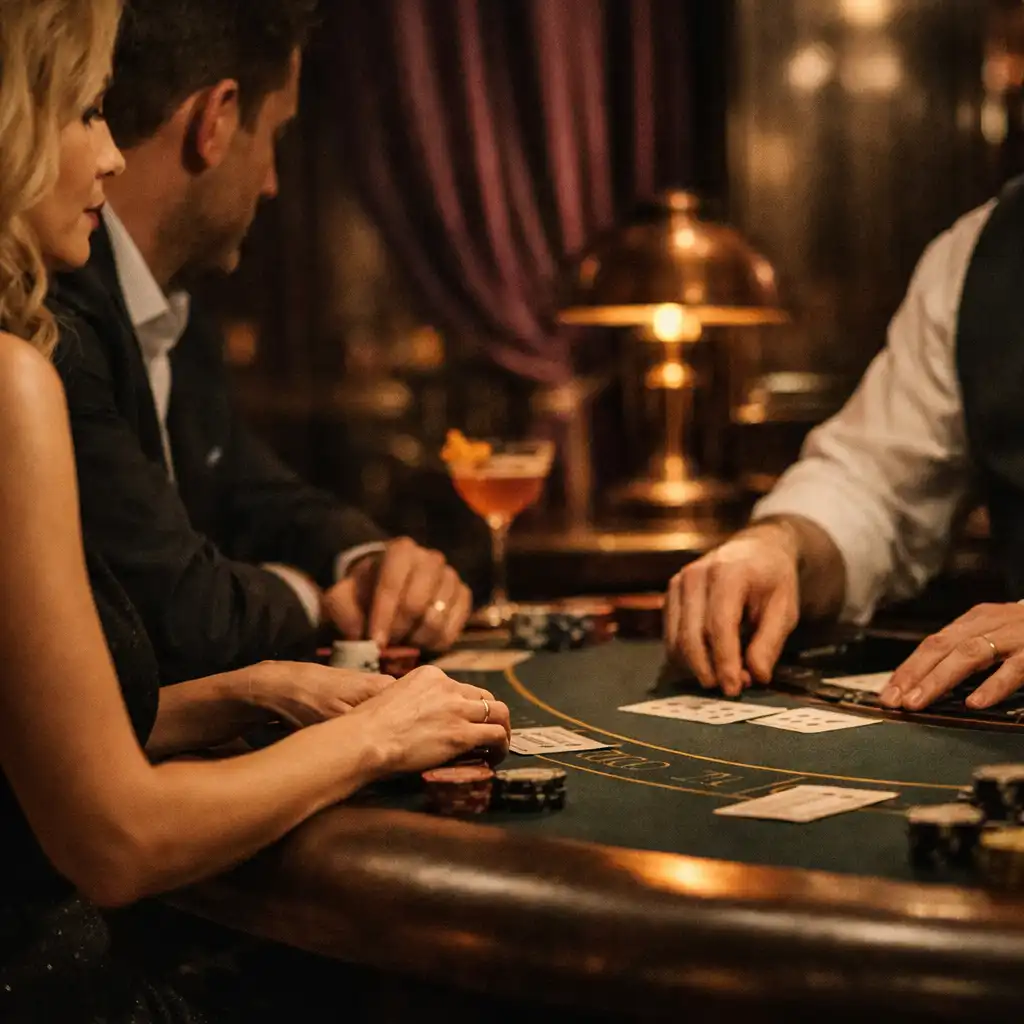 Intimní večerní atmosféra u fyzického blackjackového stolu