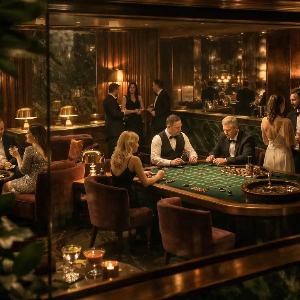 Botanický salon Casino Lounge s hosty v konverzaci a fyzickým stolem v interiéru