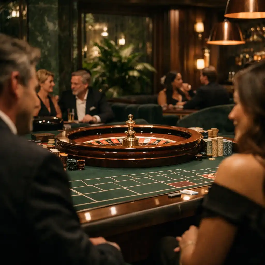 Ruletový stůl obklopený hosty v botanickém interiéru Casino Lounge