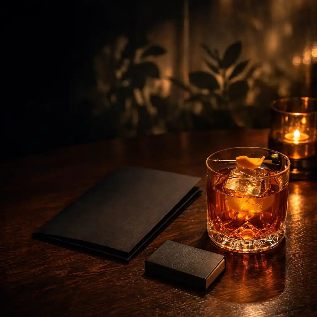 Noční stůl v Tresqilon se sklenicí koktejlu, složeným menu a elegantními zápalkami