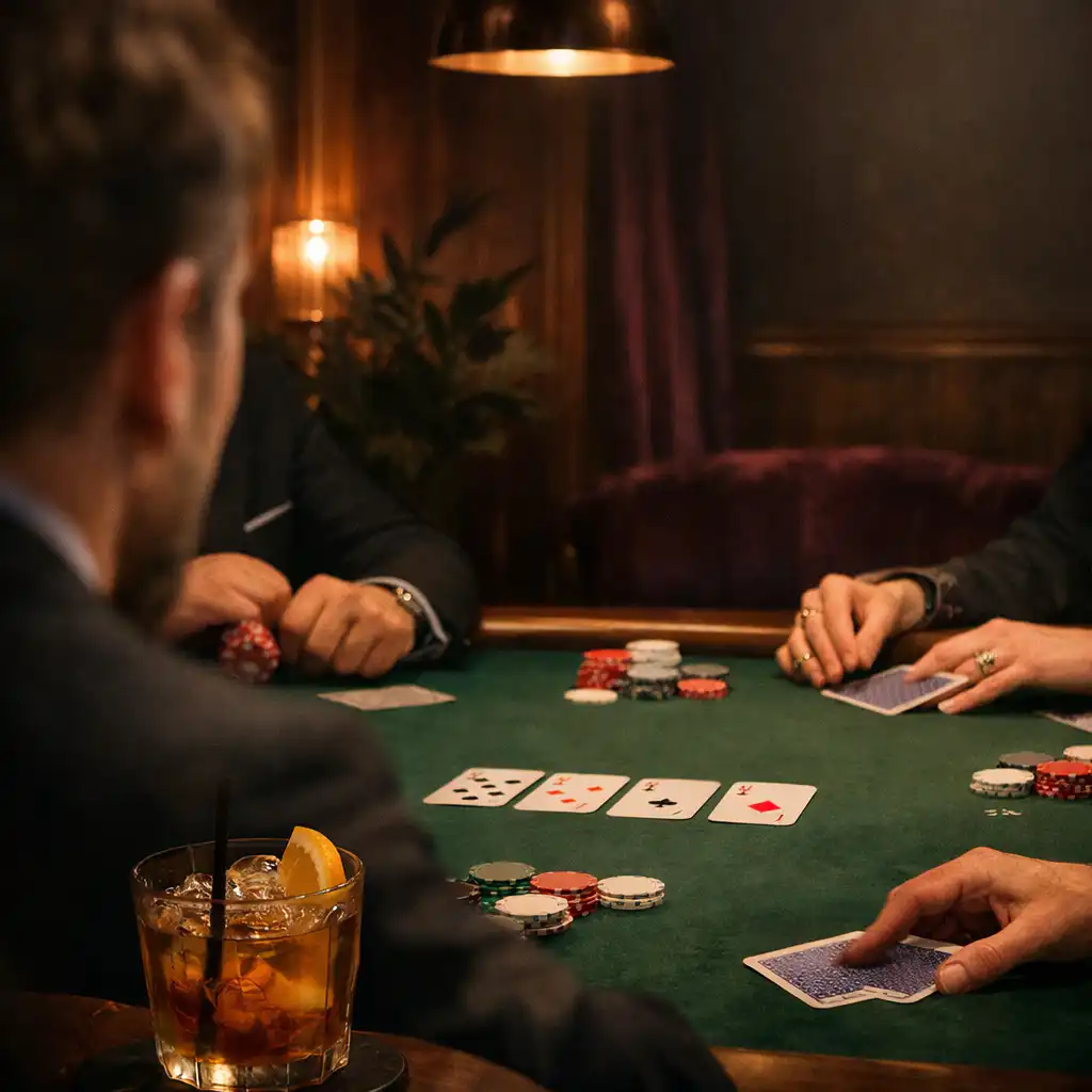 Ruce hostů u fyzického pokerového stolu v intimním Casino Lounge