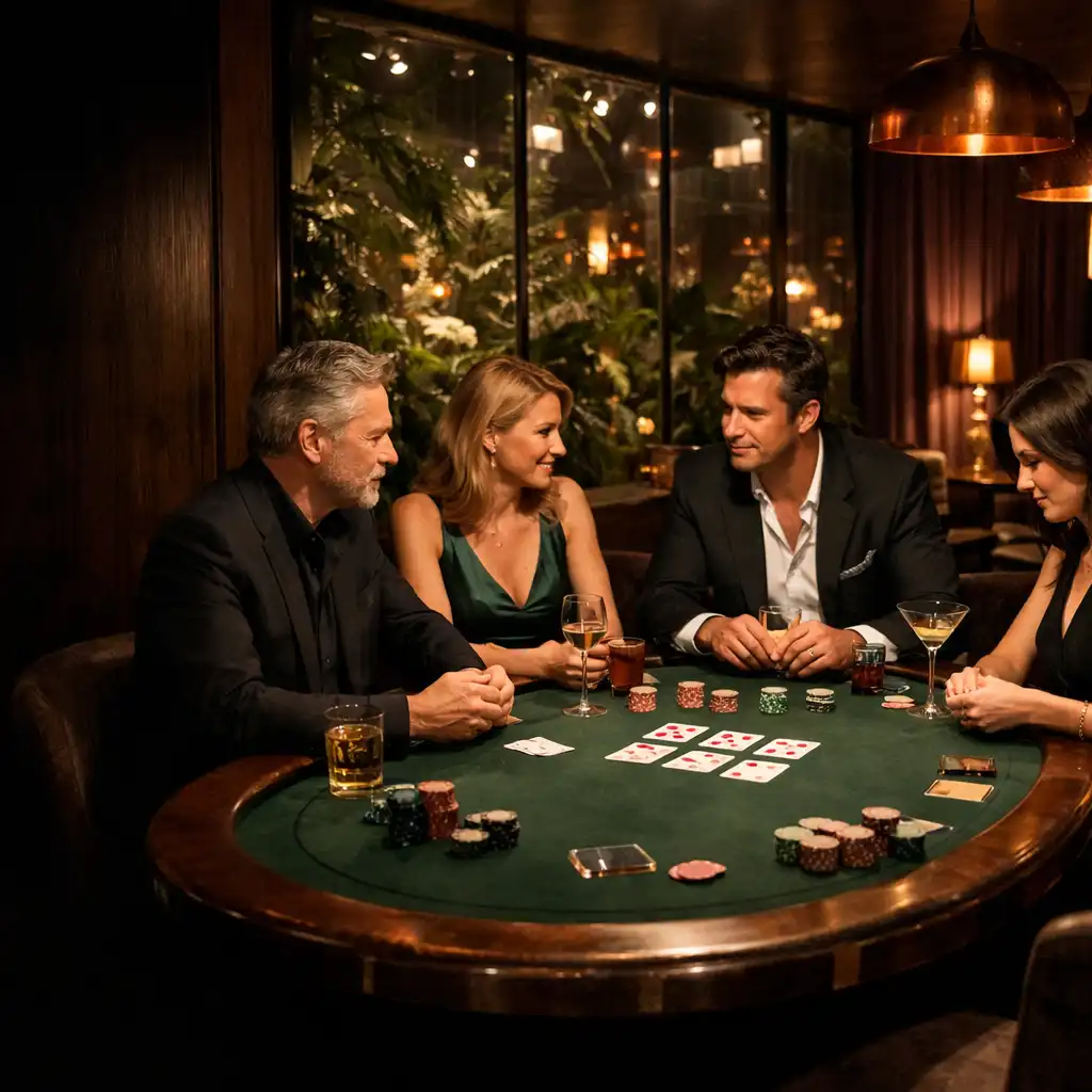 Hosté u fyzického pokerového stolu v botanickém interiéru Casino Lounge Tresqilon