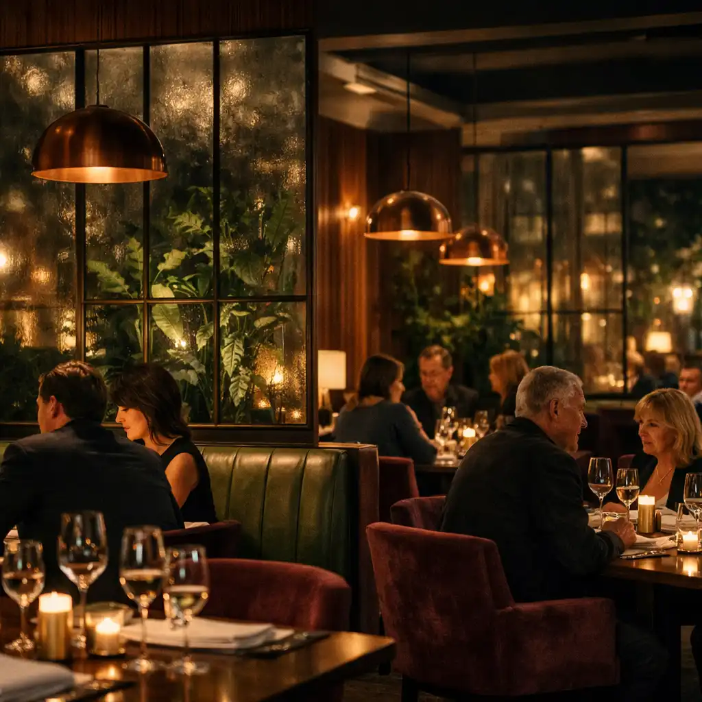Hosté v botanickém interiéru restaurace Tresqilon v Praze