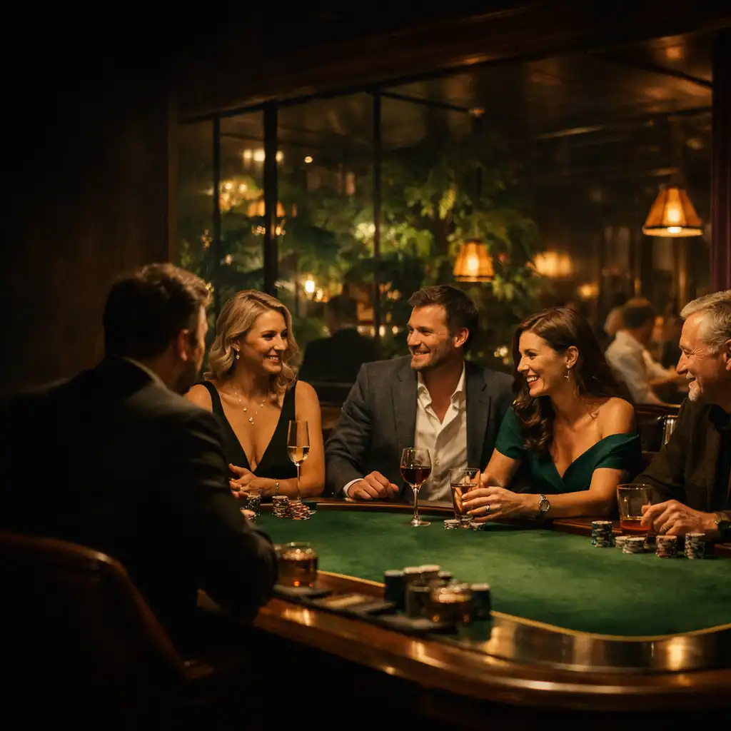 Společenský stůl ve fyzickém Casino Lounge v botanickém interiéru