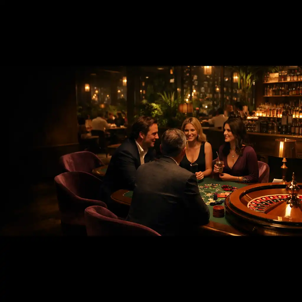 Ruletový stůl a hosté v botanickém interiéru Casino Lounge Praha