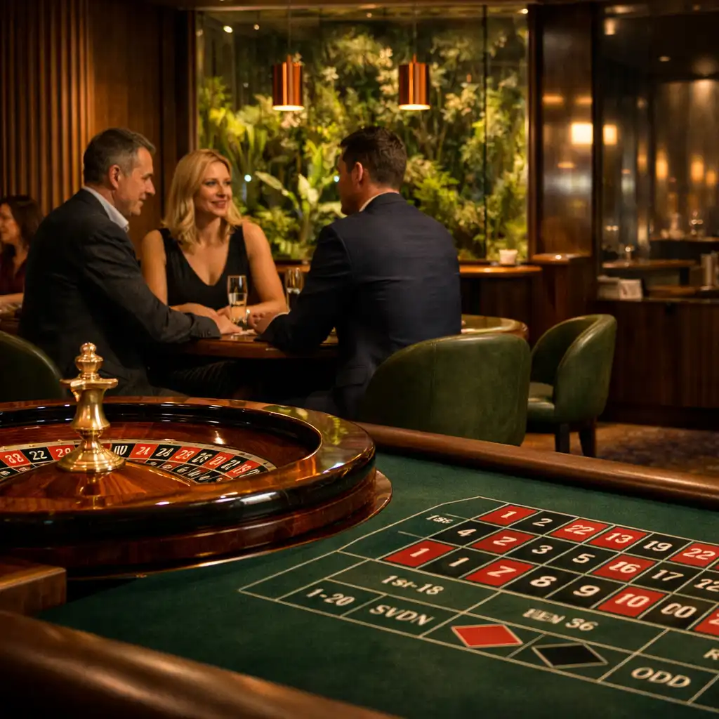 Fyzický ruletový stůl v elegantním interiéru Casino Lounge