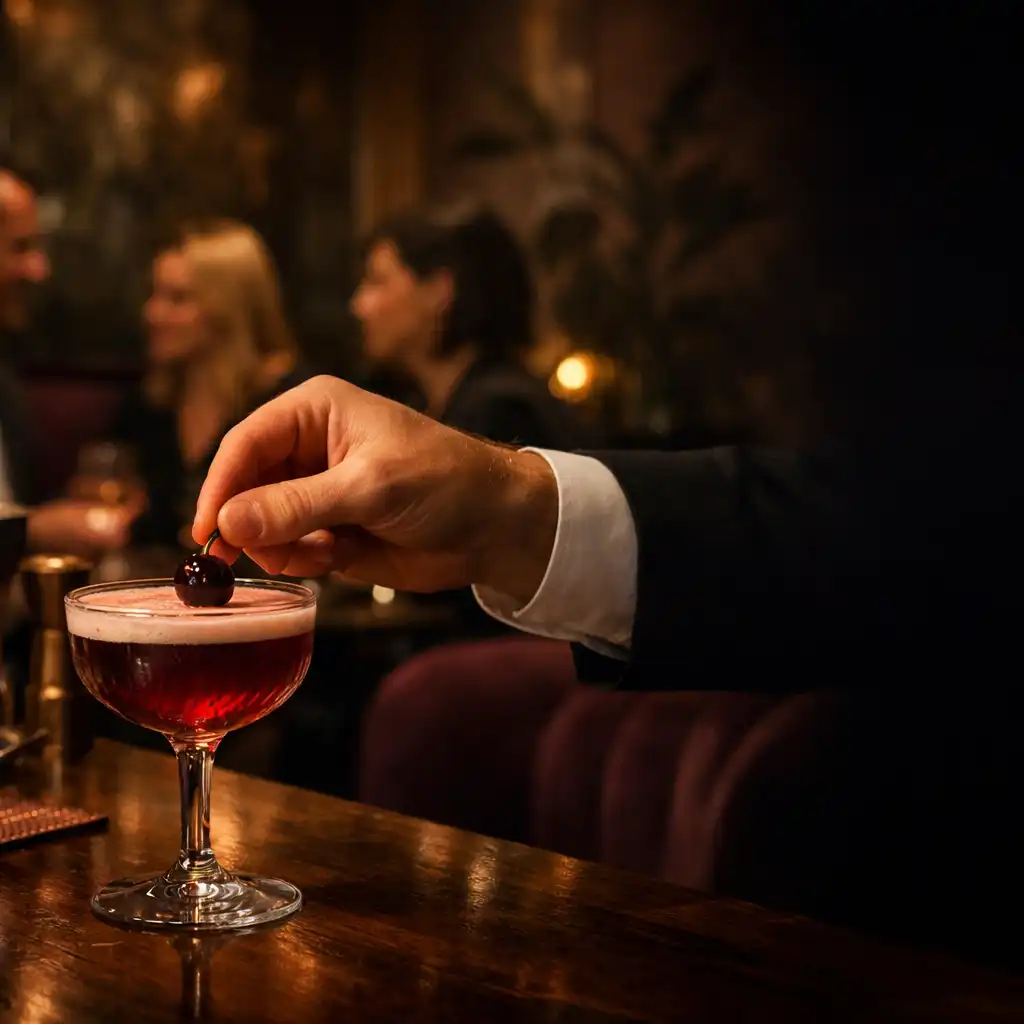 Barman dokončuje signature koktejl v intimním večerním salonu