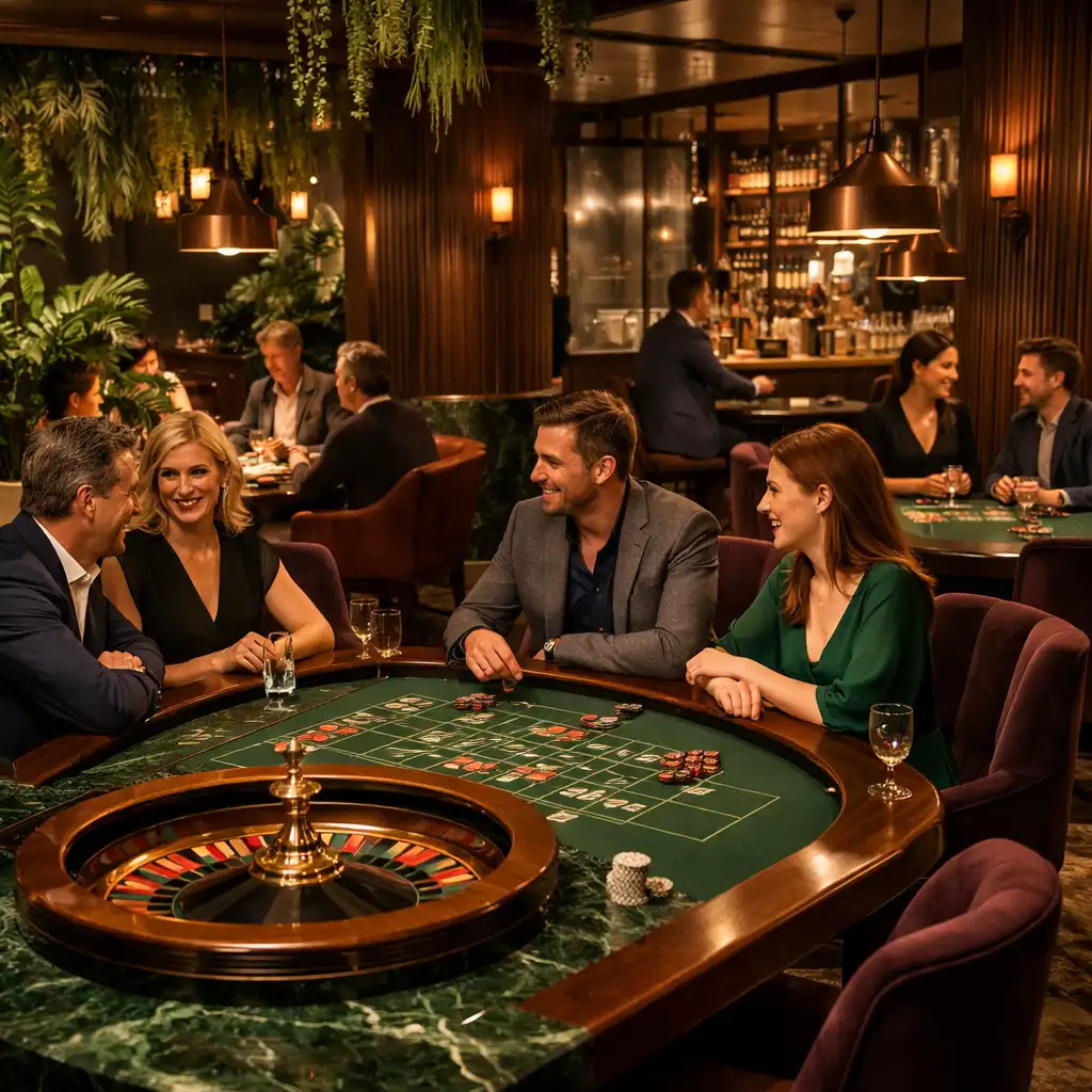 Fyzický stůl Casino Lounge s hosty v botanickém interiéru